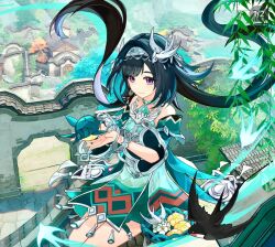  1girl alcohol076 bamboo bare_shoulders bird black_hair chinese_food closed_mouth commentary_request day dress floating_hair flower food genshin_impact grey_hairband hair_ornament hairband holding huipai_architecture lan_yan_(genshin_impact) long_hair looking_at_viewer multicolored_hair outdoors pastry peach_blossom_su sitting smile solo stairs swallow_(bird) very_long_hair violet_eyes water white_flower willow 