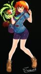  1girl artist_self-insert black_background black_shorts blue_shirt breasts brown_footwear commentary english_commentary full_body green_eyes highres long_hair open_mouth original redhead shirt short_sleeves shorts signature simple_background smile solo tomato tomatolover16 