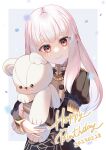 1girl 2023 absurdres buttons closed_mouth commentary_request confetti dated english_text fire_emblem fire_emblem:_three_houses garreg_mach_monastery_uniform hair_between_eyes happy_birthday head_tilt highres holding holding_stuffed_toy juliet_sleeves kita_282 long_hair long_sleeves looking_at_viewer lysithea_von_ordelia pink_eyes puffy_sleeves smile solo stuffed_animal stuffed_toy teddy_bear uniform white_hair 