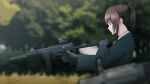  1girl black_gloves black_jacket blue_eyes blurry blurry_background blurry_foreground brown_hair closed_mouth from_side gloves gun highres holding holding_gun holding_weapon houtinti jacket long_sleeves original outdoors ponytail profile sidelocks solo suppressor weapon weapon_request 