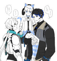  1girl 2boys absurdres animal_ears bambinata:_vitrum_(pgr) bambinata_(pgr) black_hair blue_eyes blue_streaks braid braided_hair_rings cat_ears cat_tail commandant_(pgr) dog_tags hair_ornament hair_rings heart heart_hair_ornament highres holding_hands kamiki19 mechabare mechanical_arms mechanical_legs multicolored_hair multiple_boys partially_colored punishing:_gray_raven tail two-tone_hair wanshi_(pgr) 