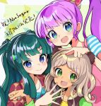  3girls :3 :d blue_bow blue_eyes blue_shirt blunt_bangs blush bow braid ceros closed_mouth crown_braid dark-skinned_female dark_skin fang fingernails green_eyes green_hair green_nails hair_bow hair_ornament hair_scrunchie hand_on_another&#039;s_head hand_up hands_up idol_land_pripara jacket light_brown_hair long_hair long_sleeves looking_at_viewer manaka_non multicolored_nails multiple_girls nail_art nail_polish open_clothes open_jacket open_mouth overalls pink_bow pink_nails pink_overalls ponytail pretty_(series) pripara purple_hair red_jacket scrunchie shirt short_sleeves side_ponytail sidelocks smile striped striped_shirt suspenders taiyou_pepper thick_eyebrows tsukikawa_chiri two_side_up upper_body v v-shaped_eyebrows very_long_hair white_shirt yellow_shirt 