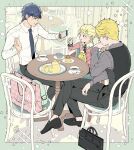  2022 3boys aged_down backpack bag black_footwear black_pants black_vest blonde_hair blue_hair blue_necktie blush braid cellphone chair crossed_legs cup dio_brando family father_and_son food giorno_giovanna grey_shirt holding holding_phone implied_yaoi jojo_no_kimyou_na_bouken jonathan_joestar long_sleeves looking_at_phone male_child morino_peko multiple_boys necktie outdoors pants phone pudding shirt shopping_bag short_hair sitting smartphone smile stuffed_animal stuffed_toy table taking_picture teacup teapot vento_aureo vest white_shirt 