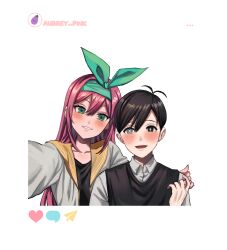  1boy 1girl :d aubrey_(faraway)_(omori) aubrey_(omori) black_eyes black_hair black_shirt black_sweater_vest blush bow_hairband bright_pupils collarbone collared_shirt commentary_request double-parted_bangs foreshortening green_eyes green_hairband grey_eyes grin hair_behind_ear hair_between_eyes hairband hand_on_another&#039;s_shoulder hand_up heart heterochromia highres instagram jacket long_hair long_sleeves looking_at_viewer mr._plantegg_(omori) omori open_clothes open_jacket open_mouth pink_hair portrait raised_eyebrows sailor_collar selfie shirt short_hair shousan_(hno3syo) simple_background smile straight_hair sunny_(omori) sweater_vest very_short_hair white_background white_jacket white_pupils white_shirt yellow_sailor_collar 