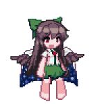  1girl barefoot bow breasts cape feathered_wings full_body green_bow green_skirt hair_bow honyaa_(honya--1123) long_hair lowres open_mouth pixel_art red_eyes reiuji_utsuho shirt simple_background skirt small_breasts solo third_eye_on_chest touhou white_background white_cape white_shirt wings 