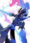  blade blue_fire ceruledge eye_trail fire flaming_eyes hands_up highres light_trail looking_at_viewer pokemon pokemon_(creature) purple_fire simple_background solo violet_eyes yasaikakiage 