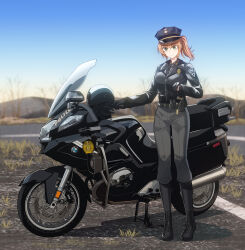  1girl absurdres belt black_belt black_boots black_gloves black_jacket blue_sky bmw boots clouds conscript96 day gloves green_eyes grey_pants gun handgun helmet highres holster jacket knee_boots leather leather_jacket long_sleeves motor_vehicle motorcycle motorcycle_helmet new_mexico_state_police orange_hair pants patch police police_motorcycle police_uniform policewoman shadow side_ponytail sky solo standing united_states unworn_headwear unworn_helmet utility_belt vehicle_request warship_girls_r weapon york_(warship_girls_r) 