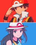  1boy 1girl bare_shoulders baseball_cap black_shirt blue_background blue_shirt brown_hair closed_mouth determined hair_flaps hand_up hat jacket leaf_(pokemon) long_hair pokemon popped_collar red_(pokemon) red_background red_eyes red_headwear red_jacket shirt short_hair sleeveless sleeveless_shirt spiky_hair v-shaped_eyebrows white_headwear wristband yasaikakiage 