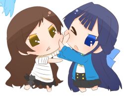  &gt;_o 2girls black_hair black_skirt blue_cardigan blue_eyes brown_eyes brown_hair cardigan chibi hutaba idolmaster idolmaster_million_live! kitazawa_shiho long_hair mogami_shizuka multiple_girls one_eye_closed open_mouth puchimasu! shirt simple_background skirt slapping white_background white_shirt 