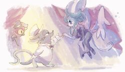  1girl 2boys animal_ears arm_behind_back black_dress black_hat blush_stickers bow bowtie cane colored_sclera commentary_request dress feathered_wings green_hair grey_fur half-closed_eyes hat heart_(mad_rat_dead) holding holding_cane jacket mad_rat_(mad_rat_dead) mad_rat_dead mouse_boy mouse_ears mouse_girl mouse_tail multiple_boys rat_god_(mad_rat_dead) red_eyes strapless strapless_dress tail top_hat white_fur white_hat white_jacket wings yellow_sclera yurano_(upao) 