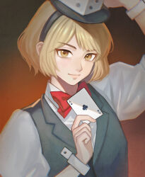  1other ace_(playing_card) ace_of_clubs black_vest blonde_hair bow bowtie brown_background card closed_mouth club_(shape) collared_shirt dice_hair_ornament gradient_background hair_ornament happy highres holding holding_card len&#039;en playing_card puffy_short_sleeves puffy_sleeves red_bow red_bowtie sdz_(inazuma) shirt short_hair short_sleeves smile upper_body vest white_shirt white_wrist_cuffs wrist_cuffs xeno_a yellow_eyes 