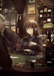  1girl 2boys absurdres alcohol ashtray bar_(place) barbell_piercing black_eyeliner black_hair black_necktie black_shirt black_suit blue_eyes bottle brandy_(alcohol) cabinet card champagne_bottle city cityscape clock commentary_request cup curtains drink drinking_glass ear_piercing earrings elbows_on_table expressionless eyelashes eyeliner gambling glass_bottle hair_between_eyes highres ice indoors industrial_piercing jack_daniel&#039;s jacket jewelry lamp loaded_interior long_sleeves makeup medium_hair multiple_boys multiple_piercings necktie night original painting_(object) perfume_bottle picture_frame piercing playing_card poker poker_chip poker_table radio radio_antenna red_wine shirt short_hair sidelocks suit suit_jacket sunglasses table tail tail_ornament tail_piercing tamitami whiskey white_shirt window wine wine_bottle wooden_table 