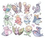  :d beanie beautifly black_eyes bright_pupils buneary cacturne claws closed_eyes closed_mouth clothed_pokemon dustox fangs gabite glameow hat highres no_humans one_eye_closed open_mouth oyul_o piplup pokemon pokemon_(creature) prinplup ribbon roselia_(pokemon) slowbro smile sunflora torchic vest white_background white_headwear white_pupils 