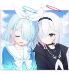  2girls :o a.r.o.n.a_(blue_archive) absurdres arona_(blue_archive) black_choker black_coat black_eyes black_hairband black_serafuku blue_archive blue_hair blue_serafuku blue_sky blush braid choker closed_eyes coat day facing_down facing_viewer hair_over_one_eye hair_ribbon hairband halo highres leaning_on_person long_hair looking_at_another medium_hair multicolored_hair multiple_girls neckerchief pink_hair ribbon sailor_collar school_uniform serafuku single_braid sky smile tobade_(tbdfactory) two-tone_hair upper_body very_long_hair white_choker white_hair white_hairband white_neckerchief white_ribbon 