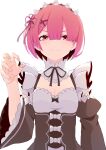  1girl black_dress black_ribbon black_sleeves breasts closed_mouth commentary_request detached_sleeves dress fingernails flower_knot hair_ornament hand_up highres looking_at_viewer maid maid_headdress neck_ribbon pink_eyes pink_hair ram_(re:zero) re:zero_kara_hajimeru_isekai_seikatsu ribbon ribbon-trimmed_clothes ribbon_trim roswaal_mansion_maid_uniform short_hair simple_background small_breasts smile solo upper_body white_background x_hair_ornament yasehattagi 