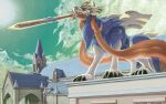  1other ambiguous_gender black_claws castle claws clouds dragonnapoli green_sky holding holding_sword holding_weapon mouth_hold no_humans outdoors pokemon sharp_teeth sun sword teeth weapon yellow_eyes zacian 