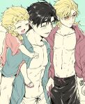  3boys aged_down beach blonde_hair blush braid closed_eyes closed_mouth collarbone dio_brando english_commentary family father_and_son giorno_giovanna implied_yaoi jacket jojo_no_kimyou_na_bouken jonathan_joestar long_hair male_child male_focus male_swimwear morino_peko multiple_boys navel open_mouth outdoors red_eyes sand sandals short_hair smile summer sunglasses toned toned_male vento_aureo water 