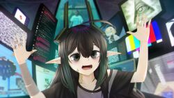  1girl 4chan absolute_cinema_(meme) absurdres bags_under_eyes bandaged_arm bandages bandaid_on_finger black_hair black_horns bug character_request chat_log cockroach crt elf elfinpsyop elzielai english_commentary eye_of_providence facial_mark gradient_hair green_eyes green_hair grey_shirt hands_up highres horns indie_virtual_youtuber kaneko_lumi kaneko_lumi_(4th_costume) long_hair meme minecraft monitor multicolored_hair open_mouth phase_connect pointy_ears shirt solo terry_a_davis virtual_youtuber youtube 