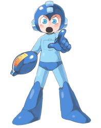  1boy android arm_cannon blue_bodysuit blue_boots blue_eyes blue_gloves blue_helmet bodysuit boots full_body gloves hand_up helmet index_finger_raised inkerton-kun knee_boots light_blush looking_at_viewer male_focus mega_man_(character) mega_man_(classic) mega_man_(series) open_mouth outstretched_arm pointing pointing_at_viewer solo standing v-shaped_eyebrows weapon 