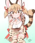  1girl animal_ears belt bow bowtie brown_eyes brown_hair cat_ears cat_girl cat_tail extra_ears kemono_friends kemono_friends_3 kemono_friends_v_project kneehighs large-spotted_genet_(kemono_friends) long_hair looking_at_viewer ribbon shirt simple_background skirt socks solo suspenders tail taurine_8000mg twintails virtual_youtuber 
