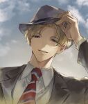  1boy blonde_hair blue_eyes clouds collared_shirt day fedora formal grey_headwear grey_jacket grey_suit half-closed_eyes hand_on_headwear hat highres holostars jacket kishido_temma looking_at_viewer male_focus mstarsgasuki necktie official_alternate_costume parted_bangs parted_lips red_necktie shirt short_hair smile solo striped_necktie suit suit_jacket teeth upper_body upper_teeth_only virtual_youtuber white_shirt 