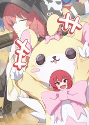  +++ 1girl :d absurdres animal_costume arms_up blue_archive blush bow bowtie closed_eyes closed_mouth commentary cosplay cowboy_shot dog_costume fuhao10708 gloves grey_skirt hair_between_eyes halo helmet highres huge_bow kigurumi long_hair looking_at_viewer mascot_costume multiple_views neckerchief open_mouth pink_bow pink_bowtie rabu_(blue_archive) red_eyes red_hair red_halo school_uniform serafuku sharp_teeth skirt slit_pupils smile split_mouth symbol-only_commentary tears teeth upper_body v-shaped_eyebrows white_gloves yellow_neckerchief 