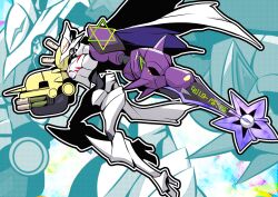  arm_blade blue_eyes cape digimoji digimon digimon_(creature) full_body fusion highres hololive listener_(inugami_korone) mecha mitosupa_(qsiqydfz7nesh9w) omegamon robot shiokko_(murasaki_shion) solo_focus sword translated weapon white_cape zoom_layer 