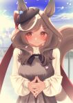  1girl absurdres alternate_costume animal_ears beret blurry blurry_background blush bow breasts brown_eyes brown_hair commentary_request hair_bow hair_ornament hairclip hat highres horse_ears horse_girl horse_tail looking_at_viewer matikane_tannhauser_(umamusume) medium_breasts medium_hair own_hands_together petals ponta_(1859ysmssstsp) ribbon sky solo tail umamusume 