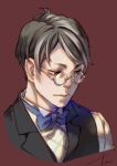  1boy ace_attorney black_hair blue_bow blue_bowtie bow bowtie closed_mouth glasses grey_hair male_focus multicolored_hair otearai satoru_hosonaga shirt short_hair simple_background sky360 solo the_great_ace_attorney two-tone_hair upper_body white_shirt 