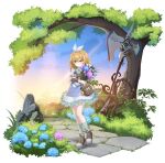  1girl absurdres axe bag blonde_hair bouquet bush counter:side gloves hair_between_eyes hair_ornament highres holding holding_bouquet kaci_bins looking_at_viewer outdoors rock sky socks solo tree yellow_eyes 