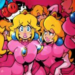  ! 1girl ? ass blonde_hair blue_eyes breasts cherry crown double_cherry dress earrings elbow_gloves food fruit gloves highres jewelry large_breasts legendofnerd lips multiple_views pink_dress pink_gloves pink_lips princess_peach super_mario_3d_world super_mario_bros. 
