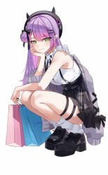  1girl =_hair_ornament absurdres armpit_crease bag bare_shoulders beret black_hat black_skirt bow breasts cardigan cardigan_partially_removed commentary demon_girl demon_tail dress_shirt frilled_shirt frills green_eyes grey_cardigan hair_bow hair_bun hair_ornament hand_on_own_cheek hand_on_own_face hashtag-only_commentary hat head_rest high-waist_skirt highres holding holding_bag hololive jirai_kei light_smile looking_at_viewer loose_socks official_alternate_costume official_alternate_hairstyle pink_nails platform_shoes pleated_skirt pointy_hat pom_pom_(clothes) purple_hair shirt simple_background single_side_bun skirt sleeveless sleeveless_shirt socks solo squatting string_bowtie suspender_skirt suspenders swept_bangs tail three_quarter_view tokoyami_towa tokoyami_towa_(jirai_kei) tote_bag virtual_youtuber white_background white_shirt x_hair_ornament zakimpo 