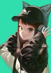  1girl absurdres animal_ear_headphones animal_ears aqua_background baseball_cap black_headwear black_sweater brown_hair cat_ear_headphones closed_mouth expressionless fake_animal_ears green_eyes hands_up hat headphones highres long_hair looking_at_viewer matsu_bokkuri original solo sweater upper_body 