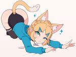  1girl animal_ears artist_name black_thighhighs blonde_hair blue_hoodie cat_ears cremanata green_eyes hair_ornament hairclip highres hood hoodie looking_at_viewer medium_hair princess_zelda princess_zelda_(botw) tail the_legend_of_zelda the_legend_of_zelda:_breath_of_the_wild thigh-highs triforce 