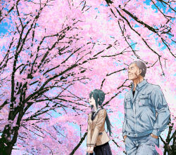  1boy 1girl :d bag black_necktie black_shirt black_skirt blazer blue_pants blue_shirt blue_sky cherry_blossoms clear_sky collared_shirt green_hair grey_hair hands_in_pockets holding holding_bag jacket long_sleeves looking_afar necktie old old_man open_mouth original own_hands_together pageratta pants pleated_skirt ponytail scar scar_on_cheek scar_on_face school_uniform shaved_head shirt skirt sky smile tree twintails walking white_shirt 
