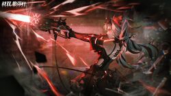  artist_request black_hair firing gun headgear highres holding holding_gun holding_weapon jetavie_(pgr) laser mechanical_arms mechanical_spine multicolored_hair official_art profile punishing:_gray_raven red_eyes skirt smile tail twintails two-tone_hair weapon white_hair 
