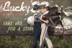  2girls absurdres arm_around_shoulder belt belt_pouch billboard black_belt black_hat black_pants blonde_hair blue_eyes breast_pocket breasts brown_hat brown_shirt bush campaign_hat conscript96 english_text from_side hat heterochromia highres long_hair multiple_girls nevada_(warship_girls_r) nevada_highway_patrol oklahoma_(warship_girls_r) oklahoma_highway_patrol pants patch pocket police police_badge police_uniform policewoman pouch red_eyes shirt short_sleeves sidelocks smile united_states walking warship_girls_r white_pants 