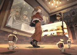  2girls 2others apron black_pantyhose braid brown_hair brown_jacket brown_skirt chef chef_hat chocolate commentary_request creature demizu_posuka display_case hat indoors jacket long_hair long_skirt multiple_girls multiple_others original pantyhose shirt shop short_hair single_braid skirt smile white_apron white_shirt window 