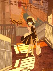  1girl apron arms_behind_back bag black_dress black_hair black_shoes blue_eyes blush bob_cut bow bowtie breasts chain-link_fence closed_mouth construction_site denkigai_no_kissaten dress evening fence from_above from_side full_body hair_ornament hairpin highres hin&#039;yari_(kakukuru) holding holding_bag legs_apart long_bangs long_sleeves looking_at_viewer maid maid_apron maid_headdress medium_breasts outdoors pantyhose pixel_art plastic_bag pleated_dress promotional_art railing red_bow red_bowtie road shadow shoes short_hair sign sleeve_cuffs smile solo stairs standing street sunset tactile_paving white_apron white_pantyhose 