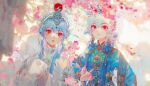  2girls blue_hair cherry_blossoms chinese_clothes earrings gem jewelry long_hair long_sleeves looking_at_viewer mian_lang multiple_girls orchid_fingers original peking_opera red_eyes red_gemstone sleeves_past_fingers sleeves_past_wrists snake upper_body white_snake wide_sleeves yaopei 