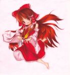  1girl ascot bare_shoulders barefoot blush bow brown_eyes brown_hair detached_sleeves frilled_bow frilled_hair_tubes frilled_skirt frills full_body hair_bow hair_tubes hakurei_reimu head_tilt japanese_clothes jigsaw_(iori) long_hair looking_at_viewer miko open_mouth red_bow red_eyes red_ribbon red_shirt red_skirt ribbon ribbon-trimmed_sleeves ribbon_trim shirt skirt sleeveless sleeveless_shirt solo touhou yellow_ascot 