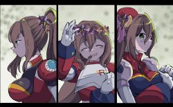  1girl armor brown_hair dress green_eyes hat high_ponytail highres iris_(mega_man) koshianpancake long_hair mega_man_(series) mega_man_x_(series) mega_man_x_dive multiple_views ponytail red_armor red_dress red_hat upper_body 