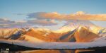  artist_name blue_sky clouds day highres lake mountain nature no_humans original outdoors photoshop_(medium) reflection reflective_water scenery sky snow tent water yucong_tang 