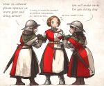 3girls armor belt boots braid brown_hair english_text full_body gambeson gauntlets gloves helmet highres holding ironlily kettle_helm medieval multiple_girls ordo_mediare_sisters_(ironlily) scabbard sheath standing sword twin_braids_sister_(ironlily) weapon 
