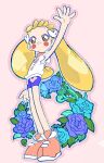  1girl blonde_hair blue_flower blue_shorts blush brown_eyes closed_mouth flower full_body highres long_hair makihatayama_hana ojamajo_doremi red_footwear rose samusu_gi shirt shoes shorts smile solo standing twintails white_shirt 