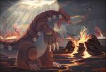  absurdres claws clouds cloudy_sky commentary_request cracked_floor flying groudon highres lava_(arknights) light_rays no_humans pokemon pokemon_(creature) salamence sharp_teeth sky smoke spikes standing teeth wingull zai_(3333333333353pk) 