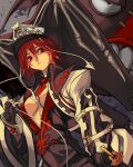  1girl absurdres black_gloves black_headwear breasts clothing_cutout fingerless_gloves gloves guilty_gear guilty_gear_2 hat highres jester_cap long_sleeves looking_at_viewer medium_breasts necktie parted_lips red_eyes red_necktie redhead short_hair skull valentine_(guilty_gear) 