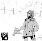  1girl braid character_name circle_a commentary_request cowboy_shot expressionless fingerless_gloves girls_frontline gloves green_eyes greyscale gun hair_over_one_eye hair_over_shoulder hand_in_pocket holding holding_gun holding_weapon jacket long_hair mac-10 mac-10_(girls&#039;_frontline) monochrome outdoors sketch solo spot_color submachine_gun trigger_discipline weapon 
