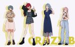  4girls :d \m/ amagi_rinne arm_up bag bare_shoulders black_footwear black_jacket blue_dress blue_eyes blue_hair blue_pants boots breast_pocket breasts brown_footwear brown_shirt buttons character_name checkered_clothes checkered_shirt closed_mouth collarbone collared_shirt commentary_request crazy_b_(ensemble_stars!) crop_top cropped_jacket denim doughnut dress earrings eating ensemble_stars! food food_in_mouth genderswap genderswap_(mtf) grey_dress grey_hair grey_socks hair_between_eyes hair_over_shoulder hand_up head_tilt high_heels highres himeru_(ensemble_stars!) holding holding_bag jacket jeans jewelry large_breasts long_hair looking_at_viewer low_twintails medium_breasts medium_hair mochiko_(zy) multiple_girls multiple_rings open_clothes open_jacket open_mouth oukawa_kohaku pants parted_bangs parted_lips pink_hair plaid plaid_dress pleated_skirt pocket ponytail redhead ring scrunchie see-through see-through_dress shadow shiina_niki shirt shoes short_sleeves short_twintails shoulder_bag sidelocks simple_background skirt sleeveless sleeveless_shirt sleeves_past_elbows smile socks standing strapless strapless_dress strappy_heels teeth torn_clothes torn_pants twintails upper_teeth_only violet_eyes white_background white_bag white_skirt wing_collar wrist_scrunchie yellow_eyes yellow_scrunchie 