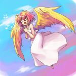  angel angel_wings blue_sky blush closed_eyes clouds dress harpy_(puyopuyo) heart madou_monogatari music musical_note open_mouth own_hands_together pink_hair puyopuyo shimauma_(zebra_vz) short_hair singing sky smile white_dress wings yellow_wings 